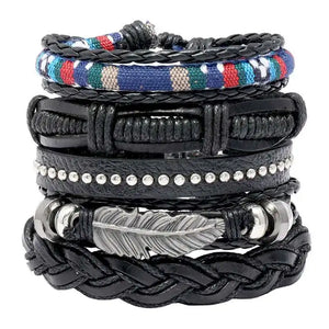 Vintage Braided Leather Bracelets Set with Metal Charms