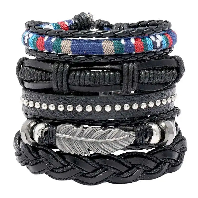 Vintage Braided Leather Bracelets Set with Metal Charms