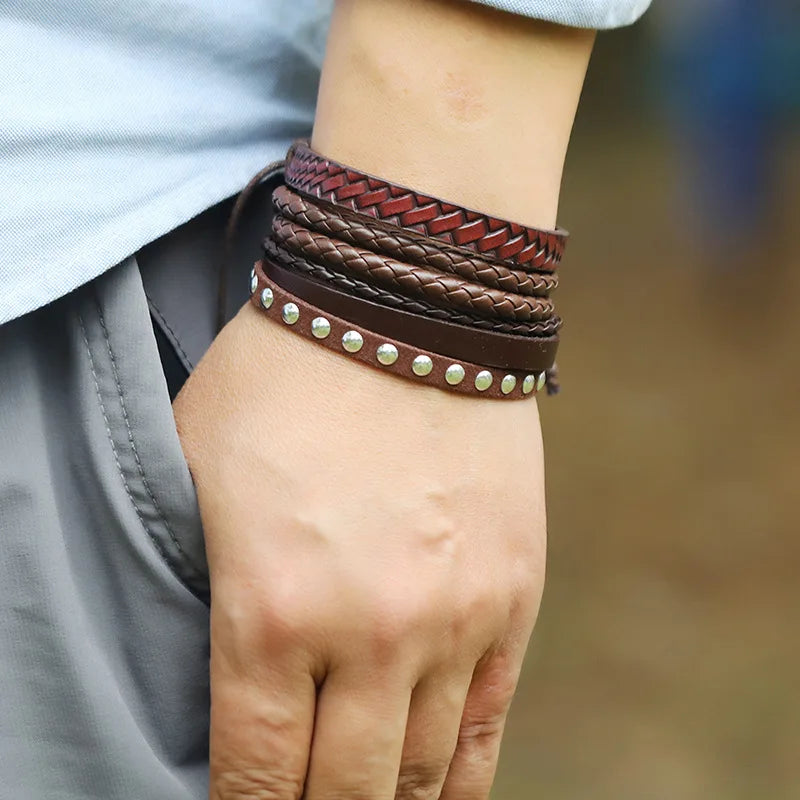 Vintage Braided Leather Bracelets Set with Metal Charms