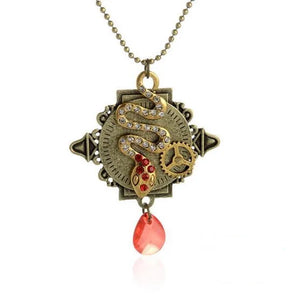 Vintage Brass OX Snake Red Crystal Steampunk Pendant Necklace