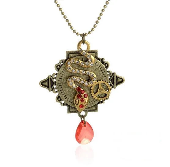 Vintage Brass OX Snake Red Crystal Steampunk Pendant Necklace