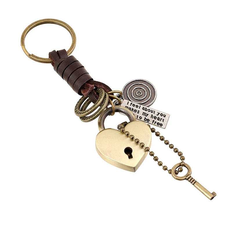 Vintage Bronze Heart Lock & Key Charm Keychain