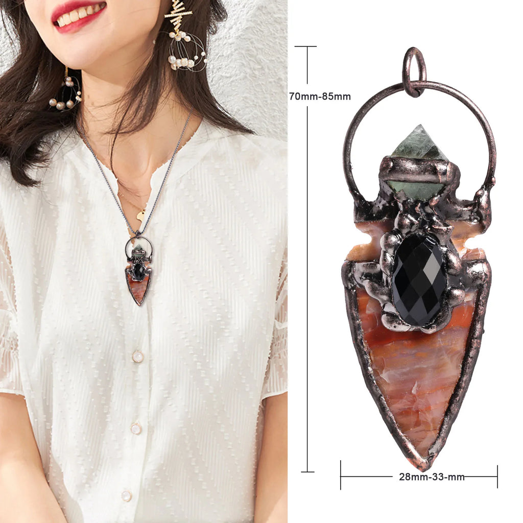 Vintage Bronze Sword Pendant Natural Agate Fluorite Cat Eye Stone