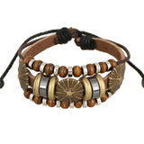 Vintage Wood Beads Leather Bracelet with Star Charms