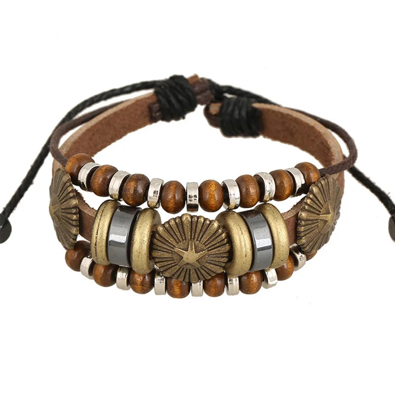 Vintage Wood Beads Leather Bracelet with Star Charms