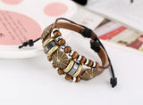 Vintage Wood Beads Leather Bracelet with Star Charms