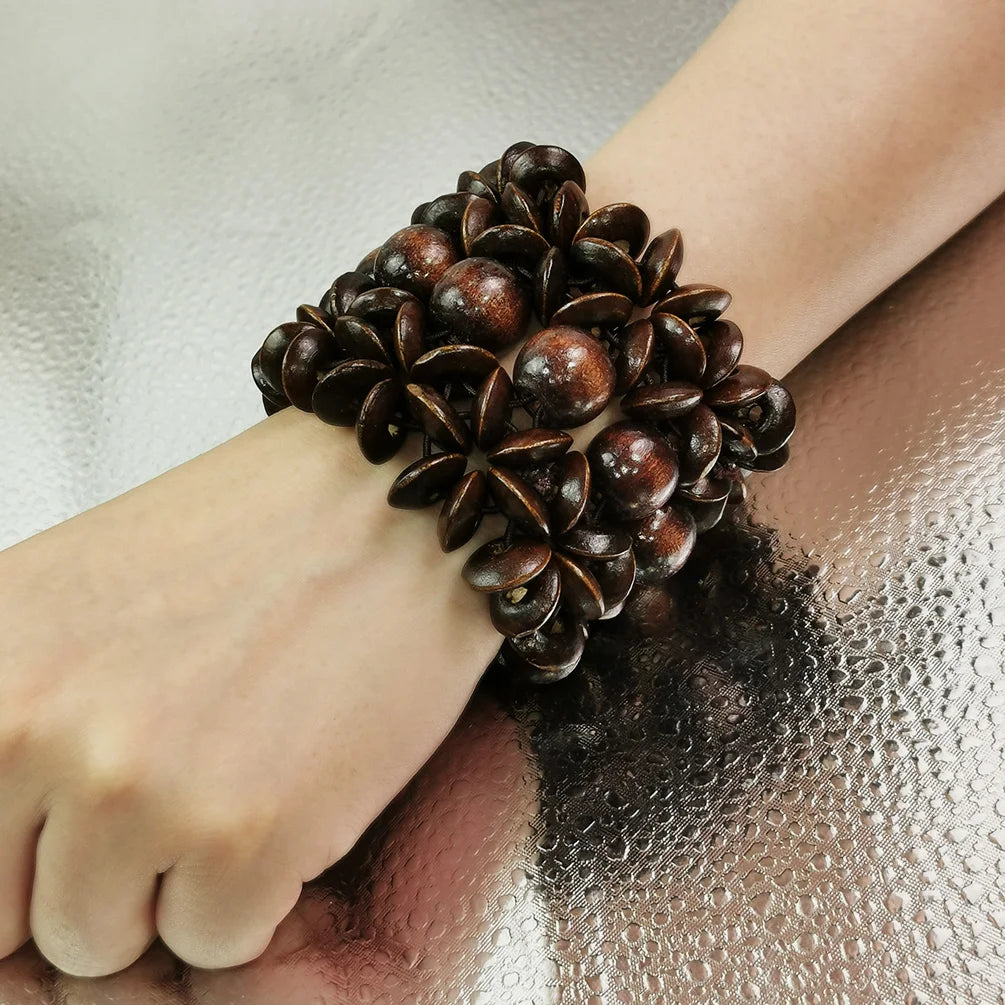 Vintage Brown Wood Beads Cuff Bracelet for Women Boho Statement Bangle