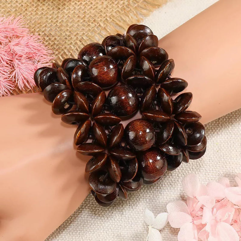 Vintage Brown Wood Beads Cuff Bracelet for Women Boho Statement Bangle
