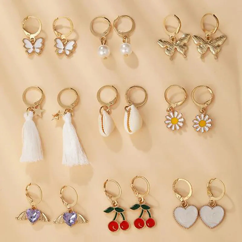 Vintage Butterfly Daisy Dangle Earrings Heart Pearl Pendant Tassel Circle Drop E