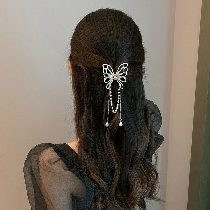 Vintage Butterfly Pearl Tassel Hair Claw Clip Women Style Rhinestone Crab Shark