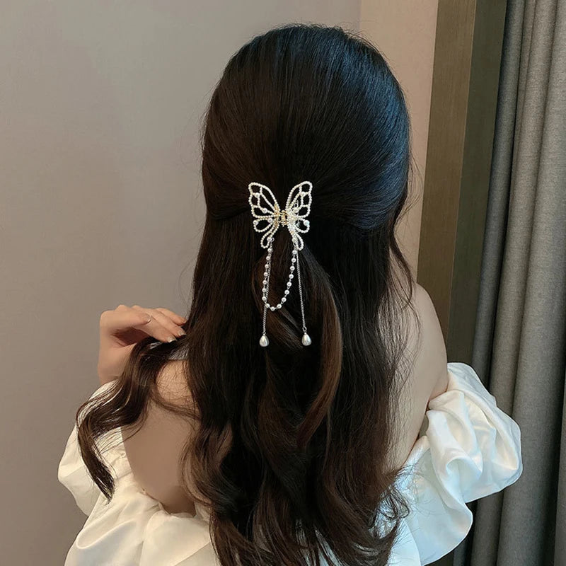 Vintage Butterfly Pearl Tassel Hair Claw Clip Women Style Rhinestone Crab Shark