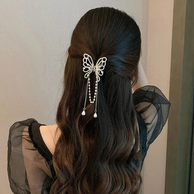 Vintage Butterfly Pearl Tassel Hair Claw Clip Women Style Rhinestone Crab Shark