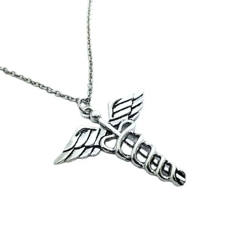 Vintage Caduceus Necklace Angel Wings Pendant for Halloween