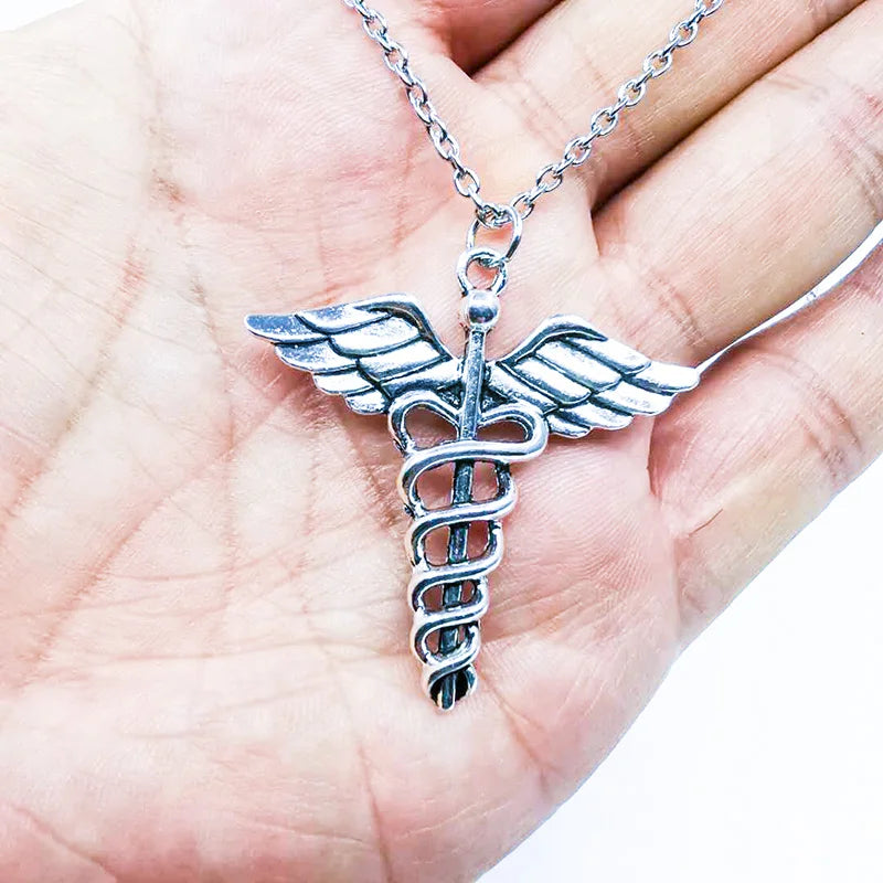 Vintage Caduceus Necklace Angel Wings Pendant for Halloween