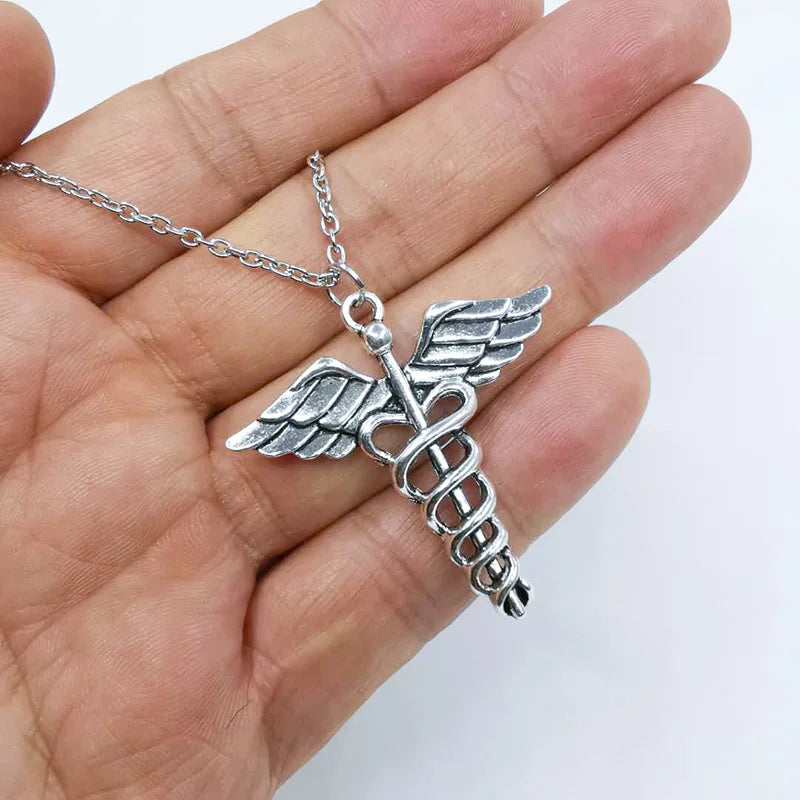 Vintage Caduceus Necklace Angel Wings Pendant for Halloween