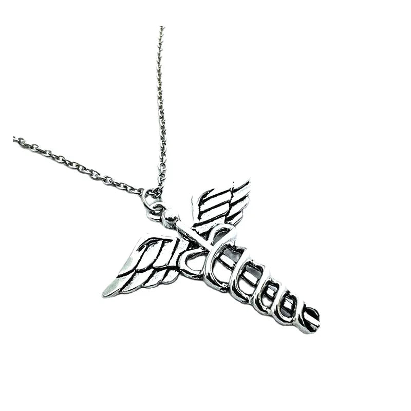 Vintage Caduceus Necklace Angel Wings Pendant for Halloween
