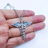 Vintage Caduceus Necklace Angel Wings Pendant for Halloween