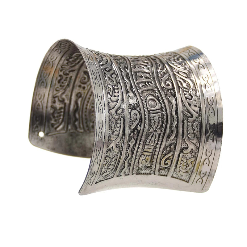 Vintage Carve Pattern Bangle Open Adjustable Wide Cuff Bracelet Antique Ethnic