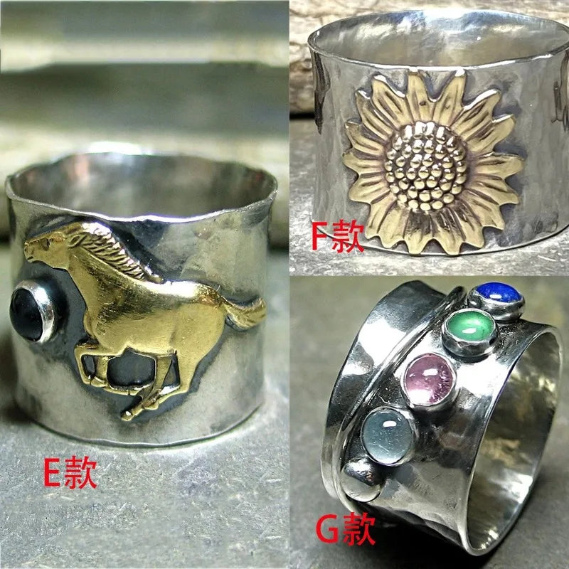 925 Silver Two-tone Bee Zircon Ring Bird Feather Horse Sunflower Turquoise