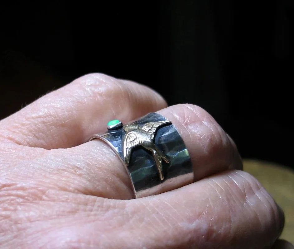 925 Silver Two-tone Bee Zircon Ring Bird Feather Horse Sunflower Turquoise