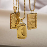 Vintage Carved Cloud Sun Moon Rectangle Pendant Necklace