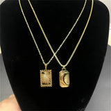 Vintage Carved Cloud Sun Moon Rectangle Pendant Necklace