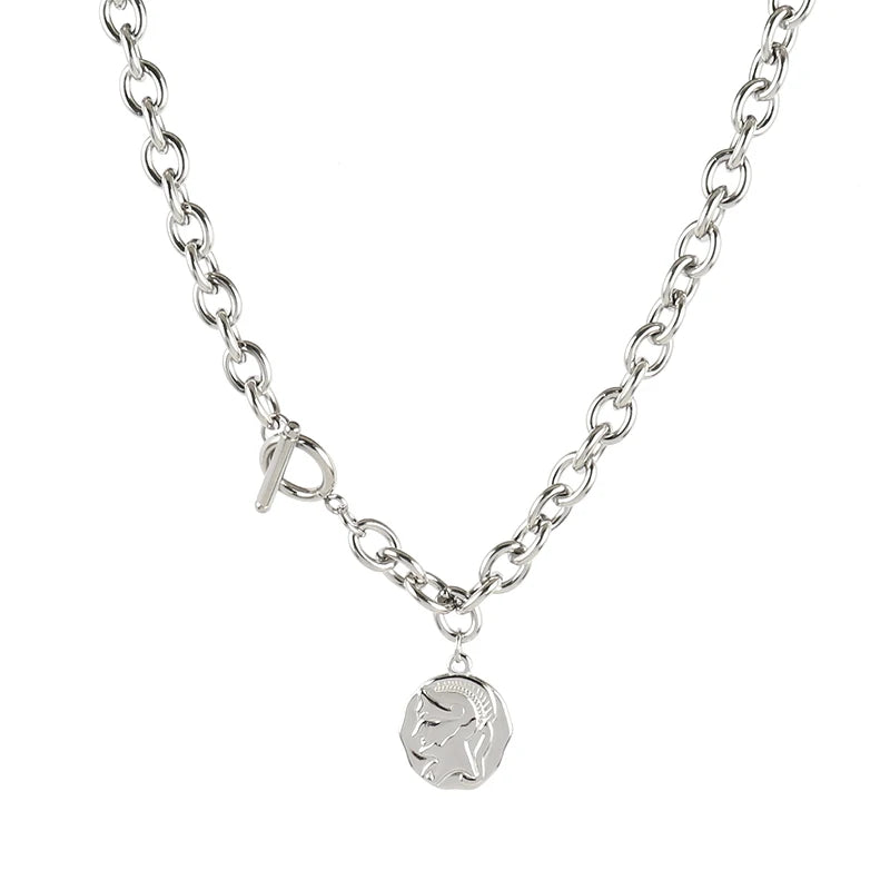 Vintage Carved Coin Thick Chain Necklace Stainless Steel Necklace