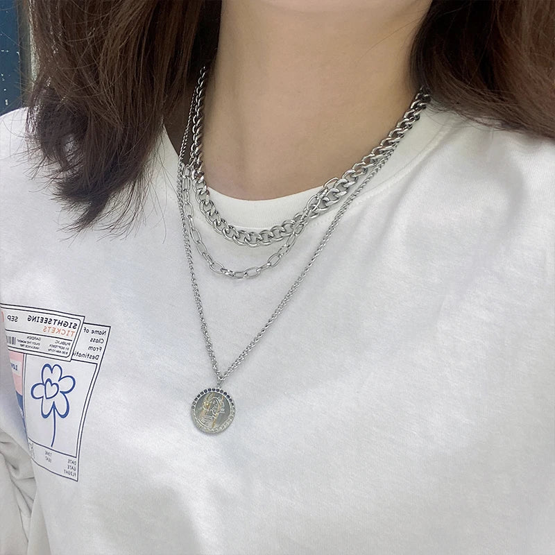 Vintage Carved Coin Thick Chain Necklace Stainless Steel Necklace