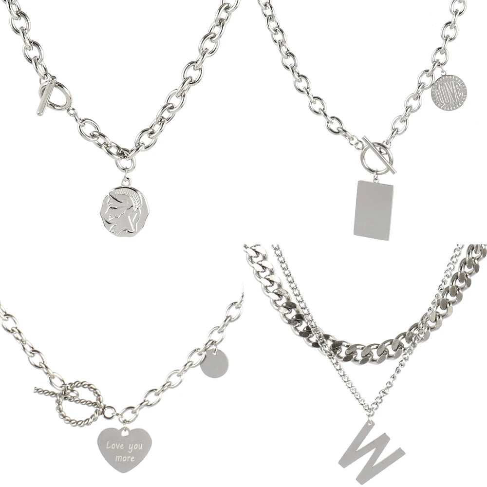 Vintage Carved Coin Thick Chain Necklace Stainless Steel Necklace