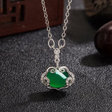 Vintage Green Jade Emerald Gemstones Pendant Necklace 18k Silver Jewelry