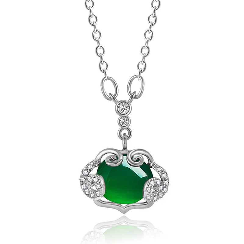 Vintage Green Jade Emerald Gemstones Pendant Necklace 18k Silver Jewelry