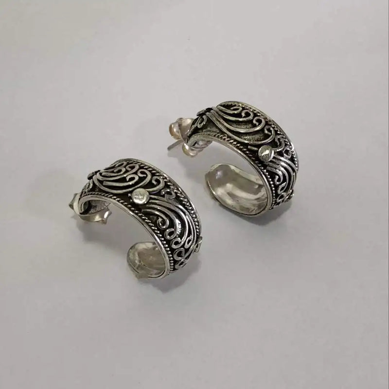 Vintage Carved Vine Stud Earrings 925 Sterling Silver Ear Rings For Women Men