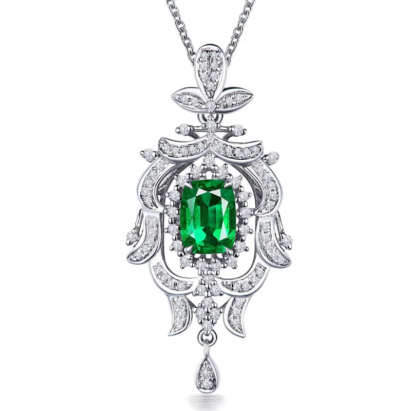 Vintage Carving Emerald Princess Diamond Pendant Necklaces