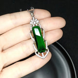 Vintage Green Crystal Agate Emerald Diamond Pendant Necklace 18k Filled
