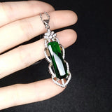 Vintage Green Crystal Agate Emerald Diamond Pendant Necklace 18k Filled