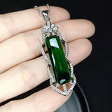 Vintage Green Crystal Agate Emerald Diamond Pendant Necklace 18k Filled