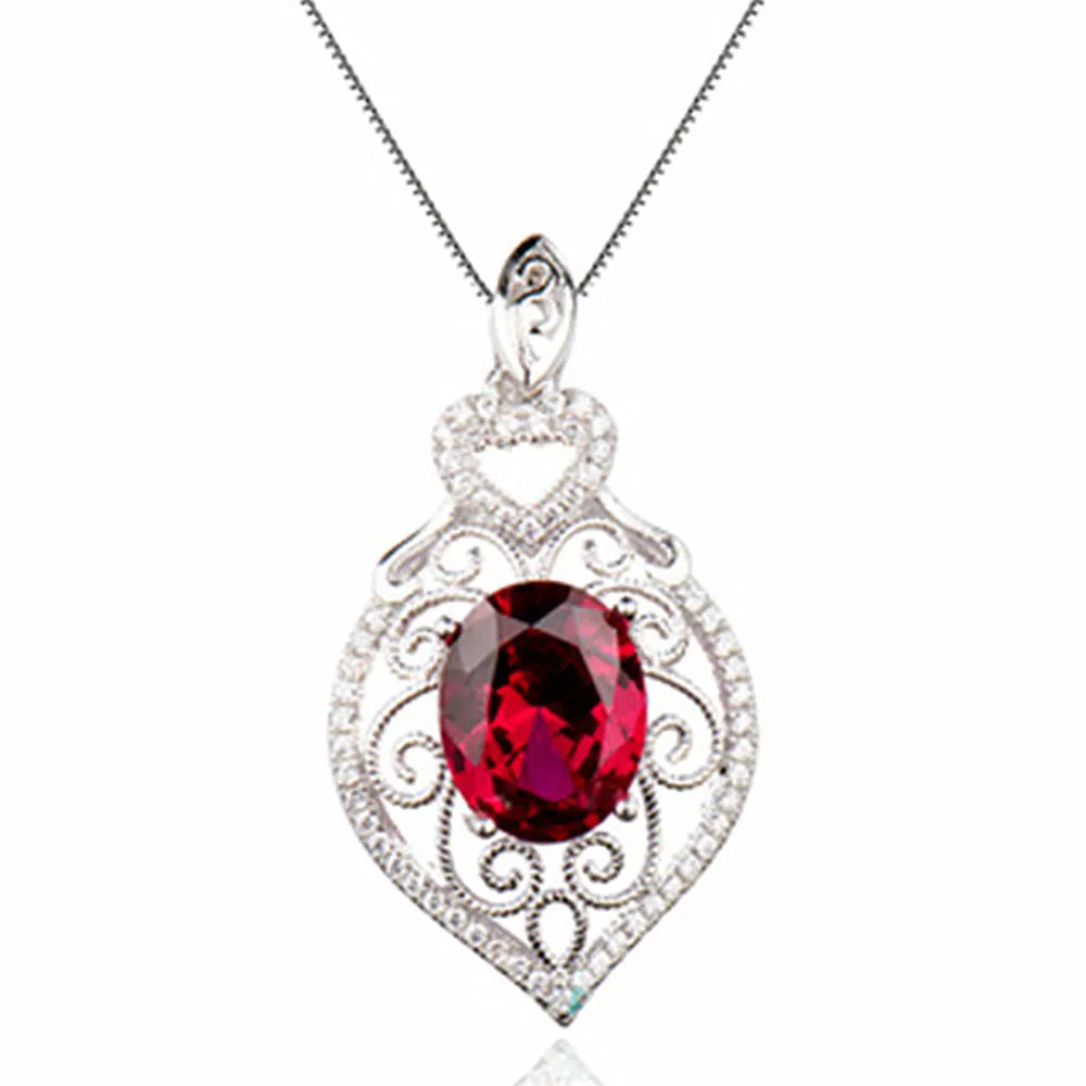 Vintage Carving Red Crystal Ruby Zircon Diamonds Pendant Necklace