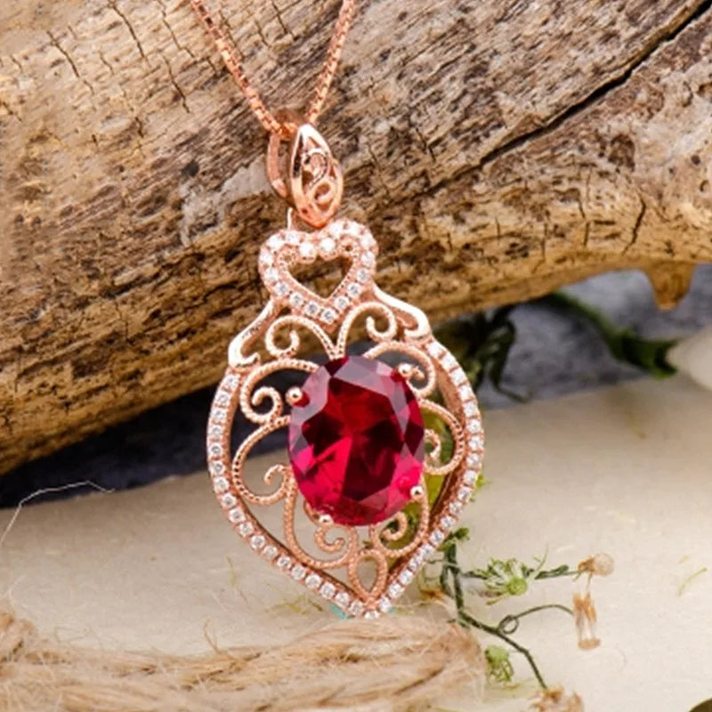 Vintage Carving Red Crystal Ruby Zircon Diamonds Pendant Necklace