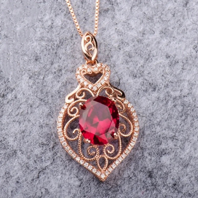 Vintage Carving Red Crystal Ruby Zircon Diamonds Pendant Necklace
