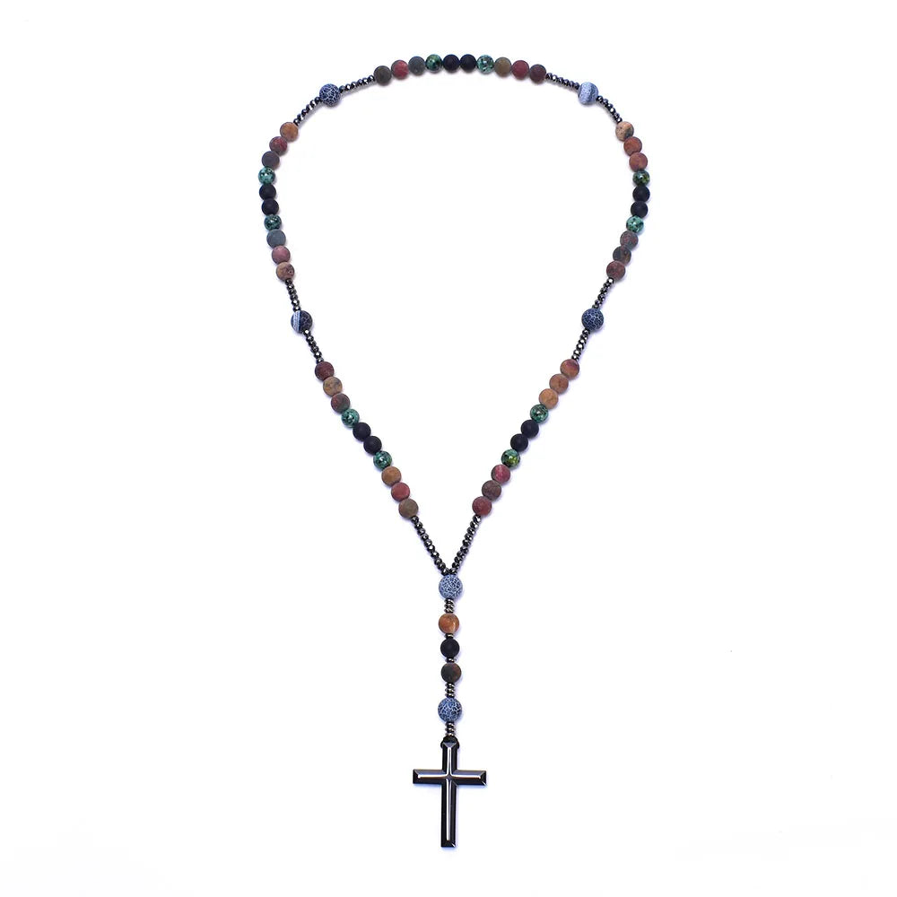 Vintage Catholic Hematite Cross Rosary Necklace for Women Men
