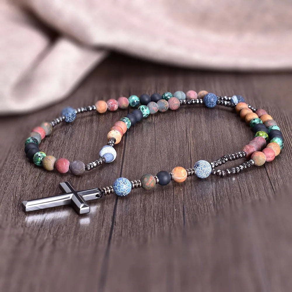 Vintage Catholic Hematite Cross Rosary Necklace for Women Men