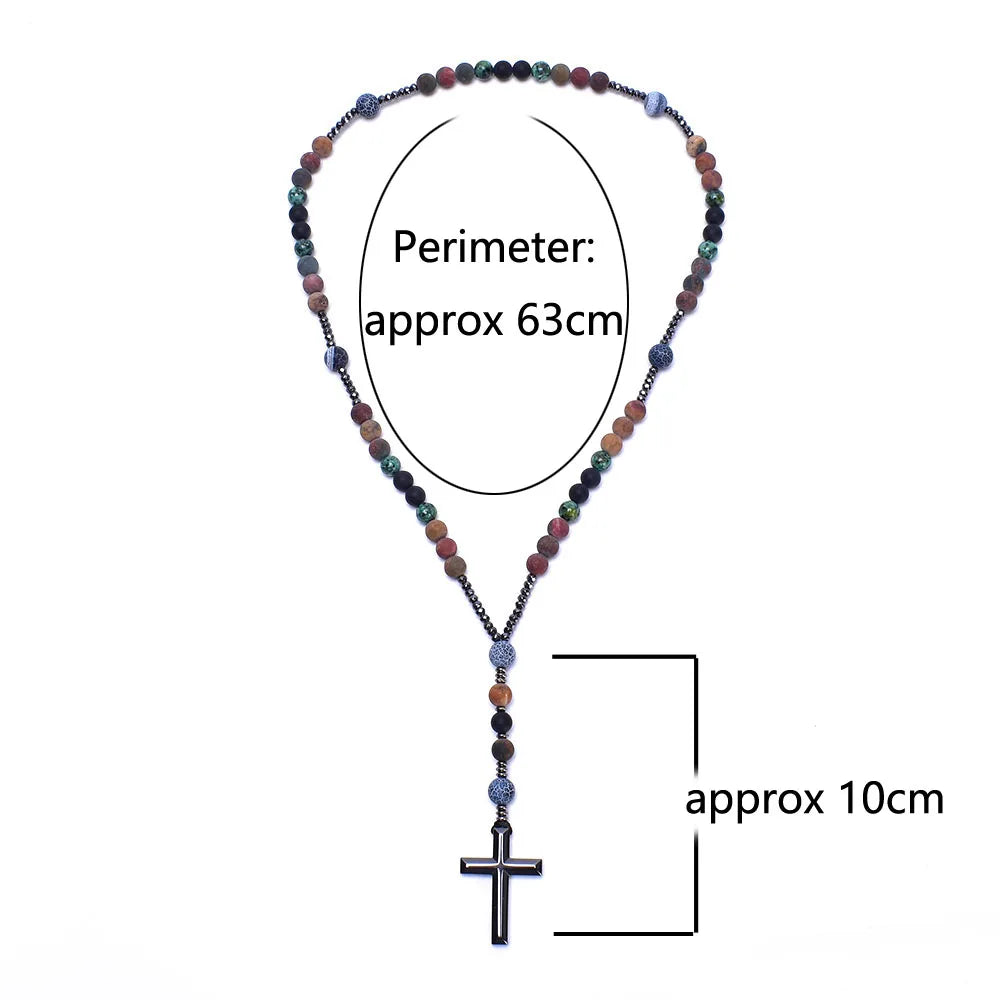 Vintage Catholic Hematite Cross Rosary Necklace for Women Men