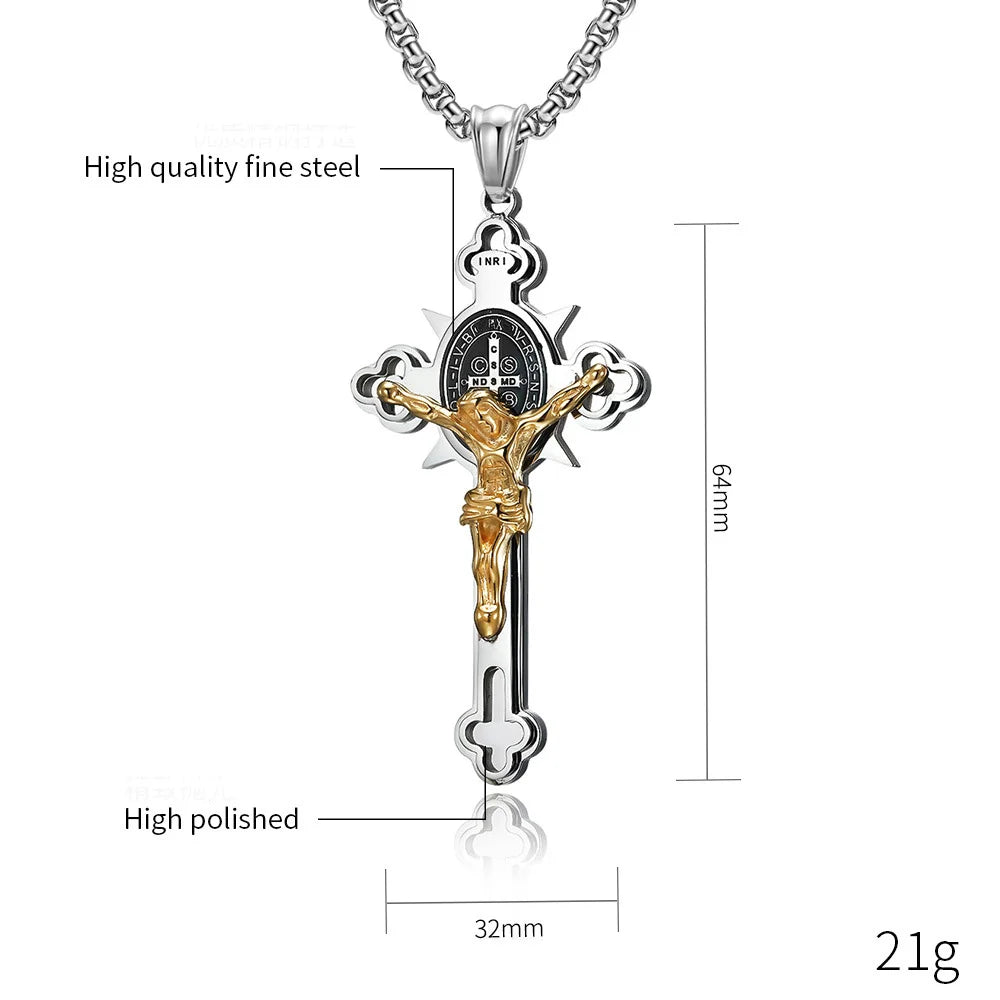 Vintage Catholic Jesus Cross Pendant Necklace For Men Punk Biker