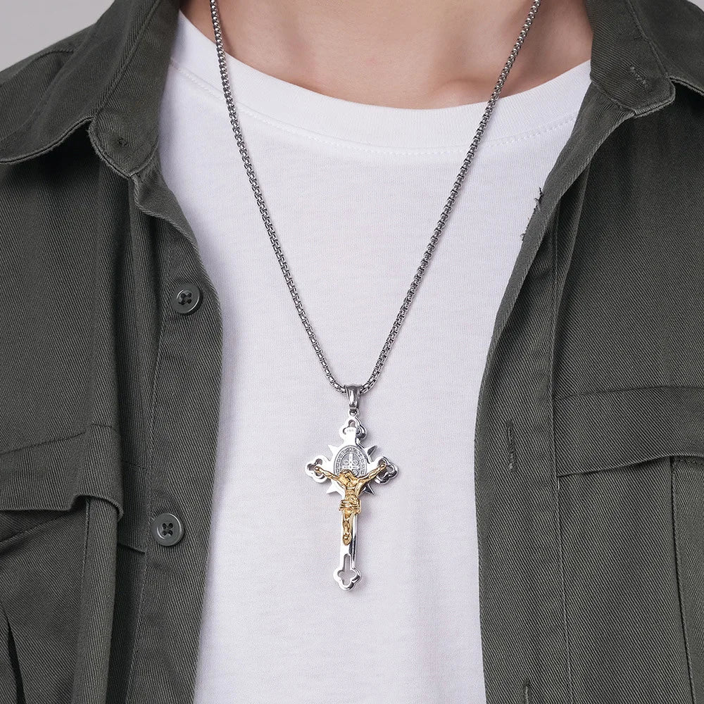 Vintage Catholic Jesus Cross Pendant Necklace For Men Punk Biker