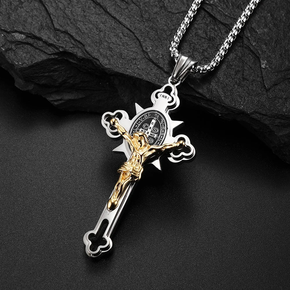 Vintage Catholic Jesus Cross Pendant Necklace For Men Punk Biker