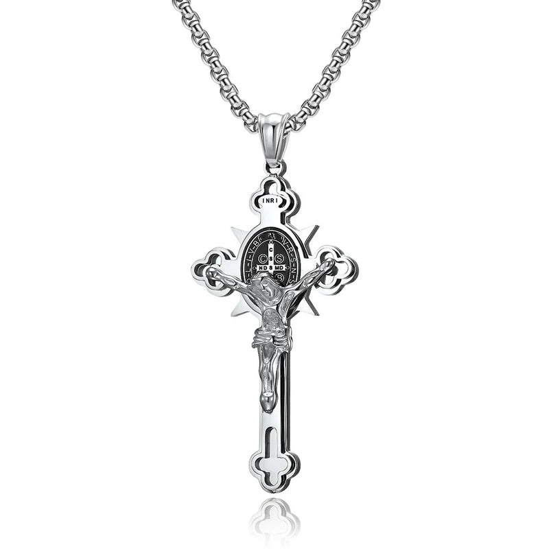 Vintage Catholic Jesus Cross Pendant Necklace For Men Punk Biker