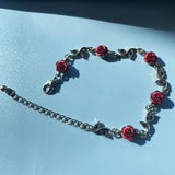 Vintage Red Rose Flower Charm Bracelet Adjustable Bangle