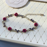 Vintage Red Rose Flower Charm Bracelet Adjustable Bangle