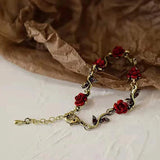 Vintage Red Rose Flower Charm Bracelet Adjustable Bangle