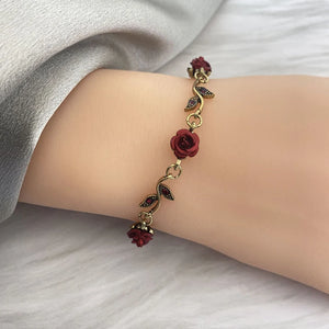 Vintage Red Rose Flower Charm Bracelet Adjustable Bangle